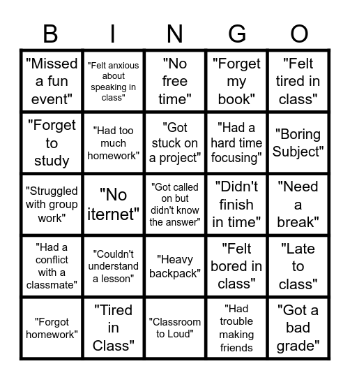 SCHOOL BLUES Bingo Card