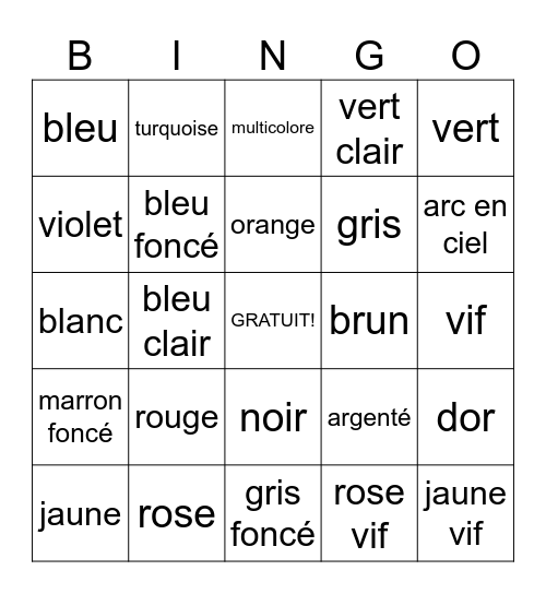 Les couleurs Bingo Card