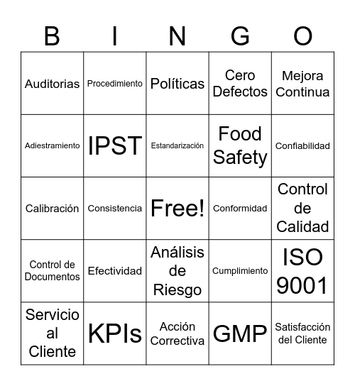 Calidad y Sistema de Gestión Bingo Card