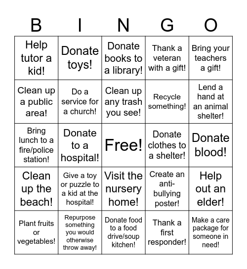 Service Learning Bingo Card