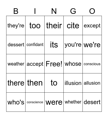 Commonly Confused Words Bingo Card