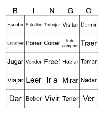 Verbs Bingo Card