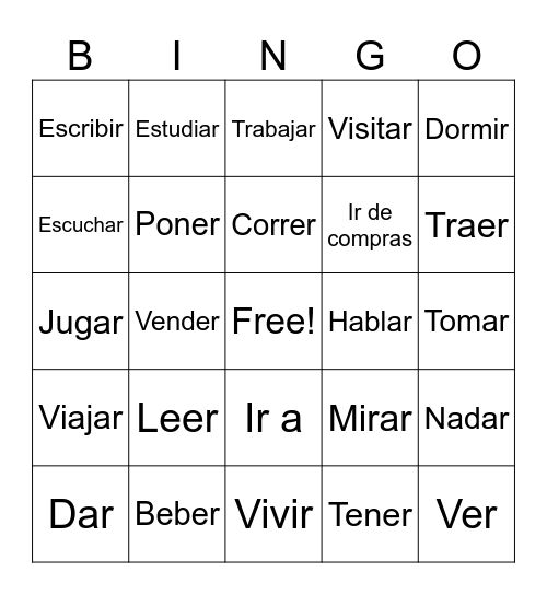 Verbs Bingo Card