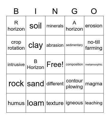 Rocks and Soil Review Bingo Card