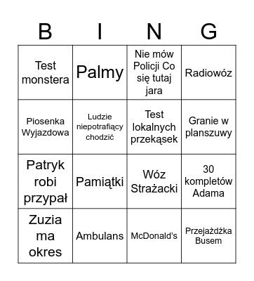 Bingo wyjazdowe Bingo Card