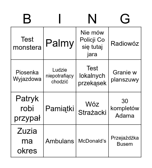 Bingo wyjazdowe Bingo Card