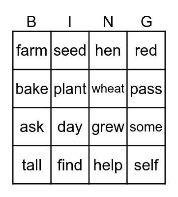 The Little Red Hen Bingo Card