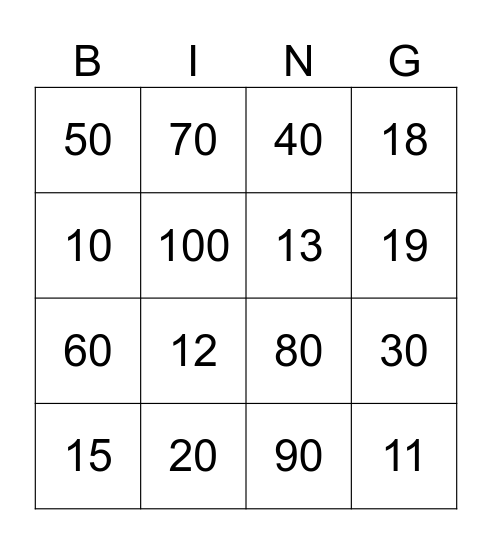 Numbers Bingo Card