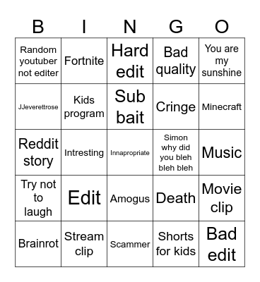 YouTube bingo Card