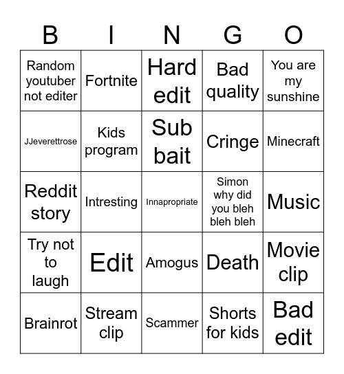 YouTube bingo Card