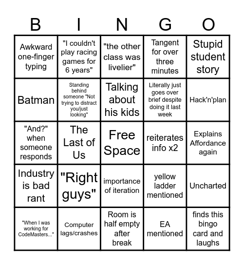 Environmental Level Design Bingo Card