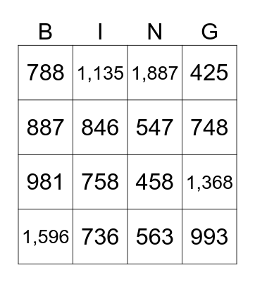 Addition within 1,000 Bingo Card