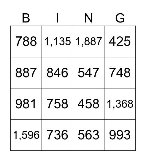 Addition within 1,000 Bingo Card