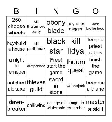 skyrim bingo Card