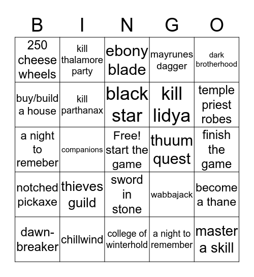 skyrim bingo Card