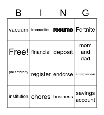 JA BizTown Vocabulary Bingo Card