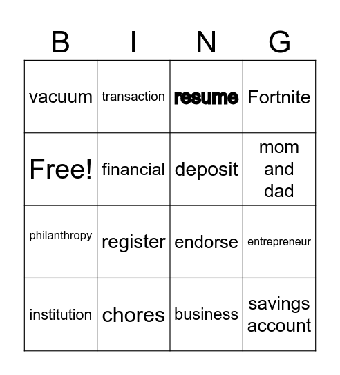 JA BizTown Vocabulary Bingo Card