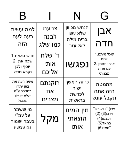 בינגו פרשת שמות Bingo Card