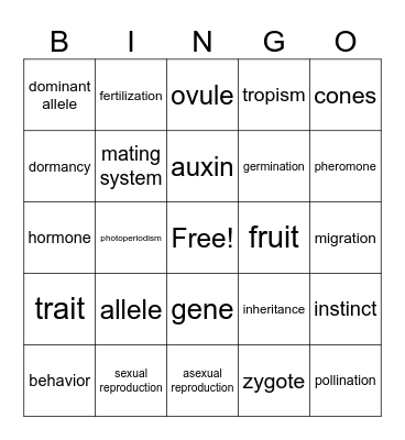 Reproduction and Growth Vocabulary Bingo Card
