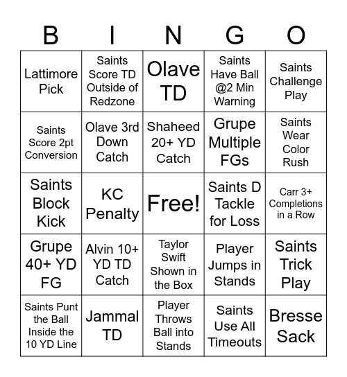 Nola V KC 24 Bingo Card