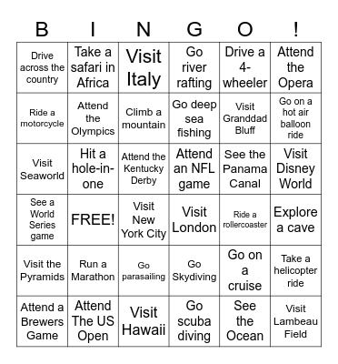 Bucket List Bingo Card