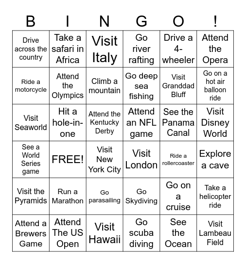 Bucket List Bingo Card