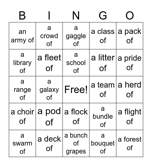 Collective Nouns Bingo Card