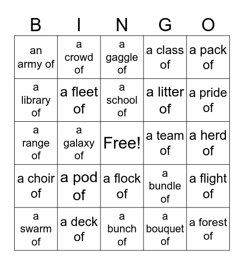 Collective Nouns Bingo Card