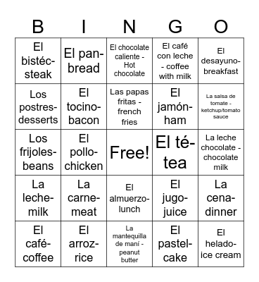Spanish Bingo Card