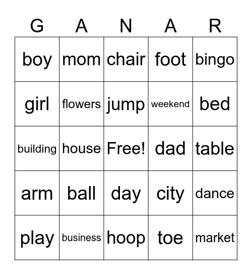 Spanish Words (ENG-->SPA) Bingo Card