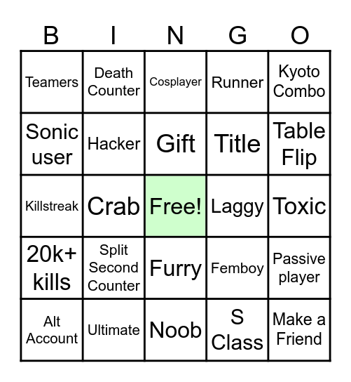 The Strongest Battlegrounds Bingo Card