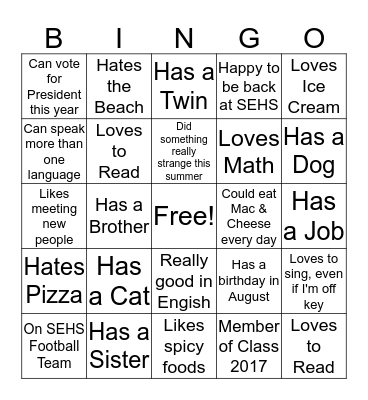 Getting to Know You Bingo Card