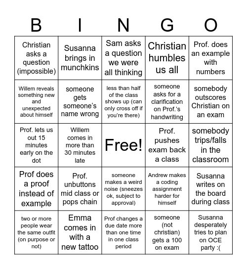 OCE Class Bingo Card