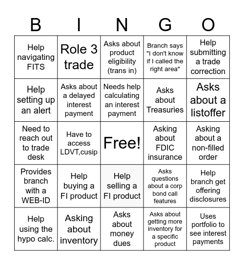 Fixed Income Call Bingo Card