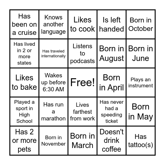 Coworker Team Building Bingo Card