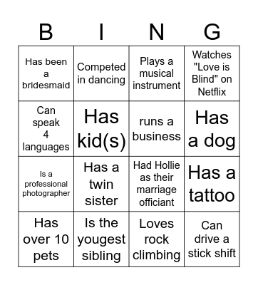 Find A Guest Who... Bingo Card