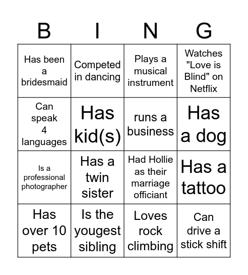 Find A Guest Who... Bingo Card