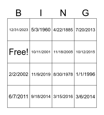 Bingo with dates Bingo Card