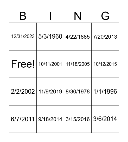 Bingo with dates Bingo Card