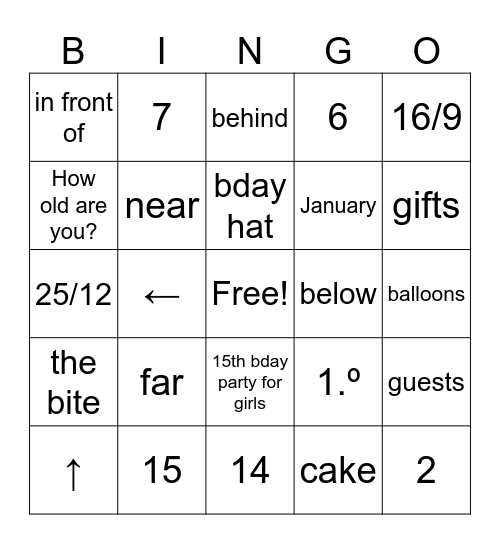 Lotería:  la rima direccional, los números, la fecha, el cumpleaños Bingo Card