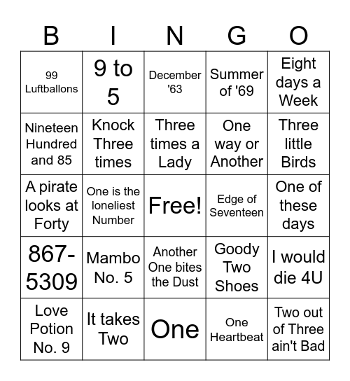 Numbers Bingo Card