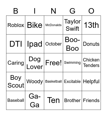 Trever's Double Digit Party Bingo Card