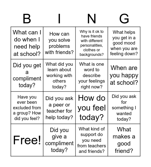 Friendship/Feelings Bingo Card