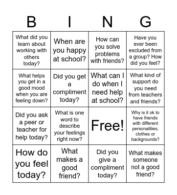 Friendship/Feelings Bingo Card