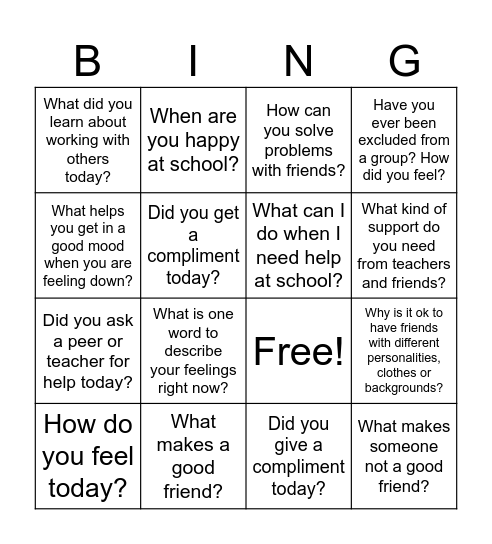 Friendship/Feelings Bingo Card