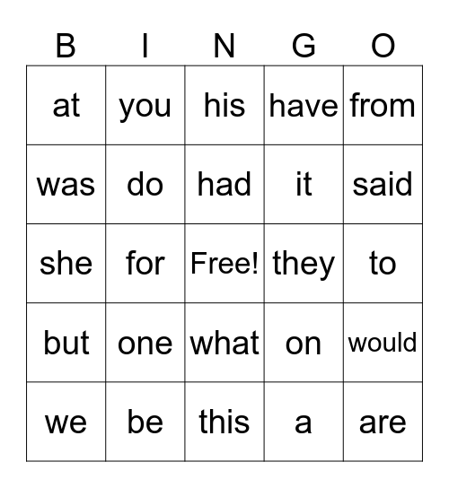 Sight Word Bingo 1 Bingo Card