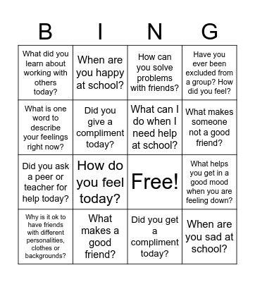 Friendship/Feelings Bingo Card