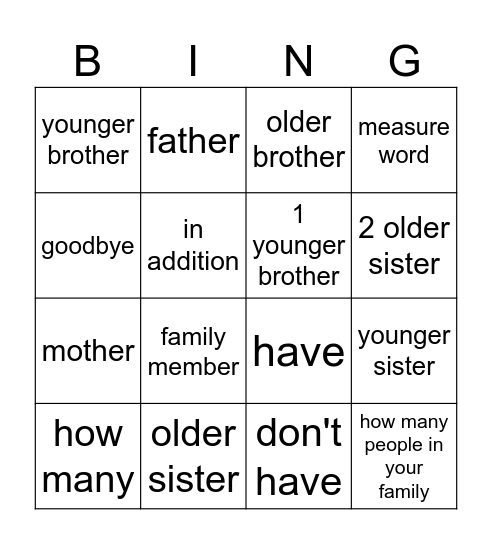 Family Bingo Card