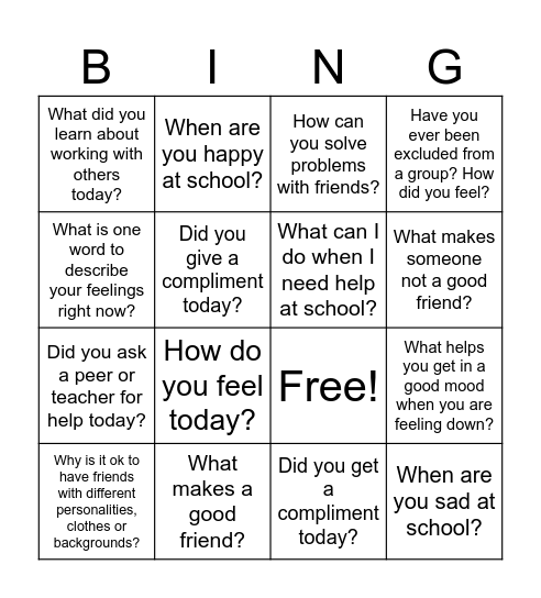 Friendship/Feelings Bingo Card