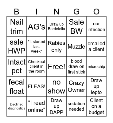 Vet Tech Bingo Card